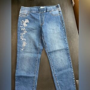 Laura Skinny‎ Jeans Blue Denim White Floral Embroidery Size 12 Stretchy